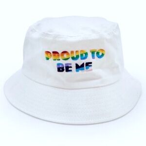 NWT RAINBOW EMBROIDERY White Bucket Hat with Rainbow Text